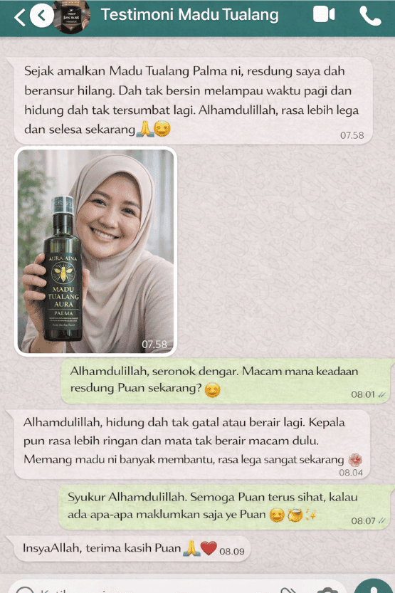 Screenshot WhatsApp testimoni pelanggan berpuas hati dengan Madu Tualang Aura