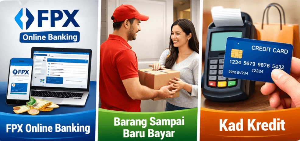 Pilihan pembayaran Madu Tualang Aura melalui FPX online banking kad kredit atau COD